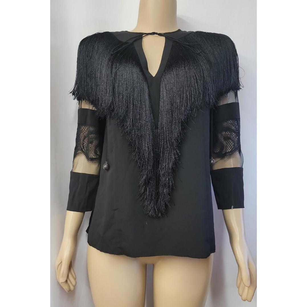 Tadashi Shoji, Black Fringe With Lace Womens Top Blouse Size 6 #Cb5